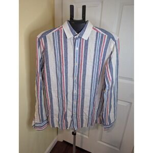 Boden Button Down Shirt Blue Red White Striped Linen Cotton Regular - Size M‎
